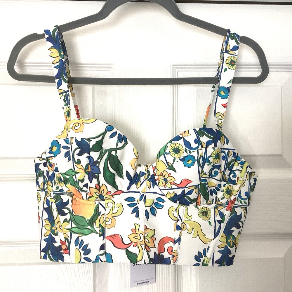 Showpo Floral Bustier Crop Top in White, Blue, Green, Yellow, Red